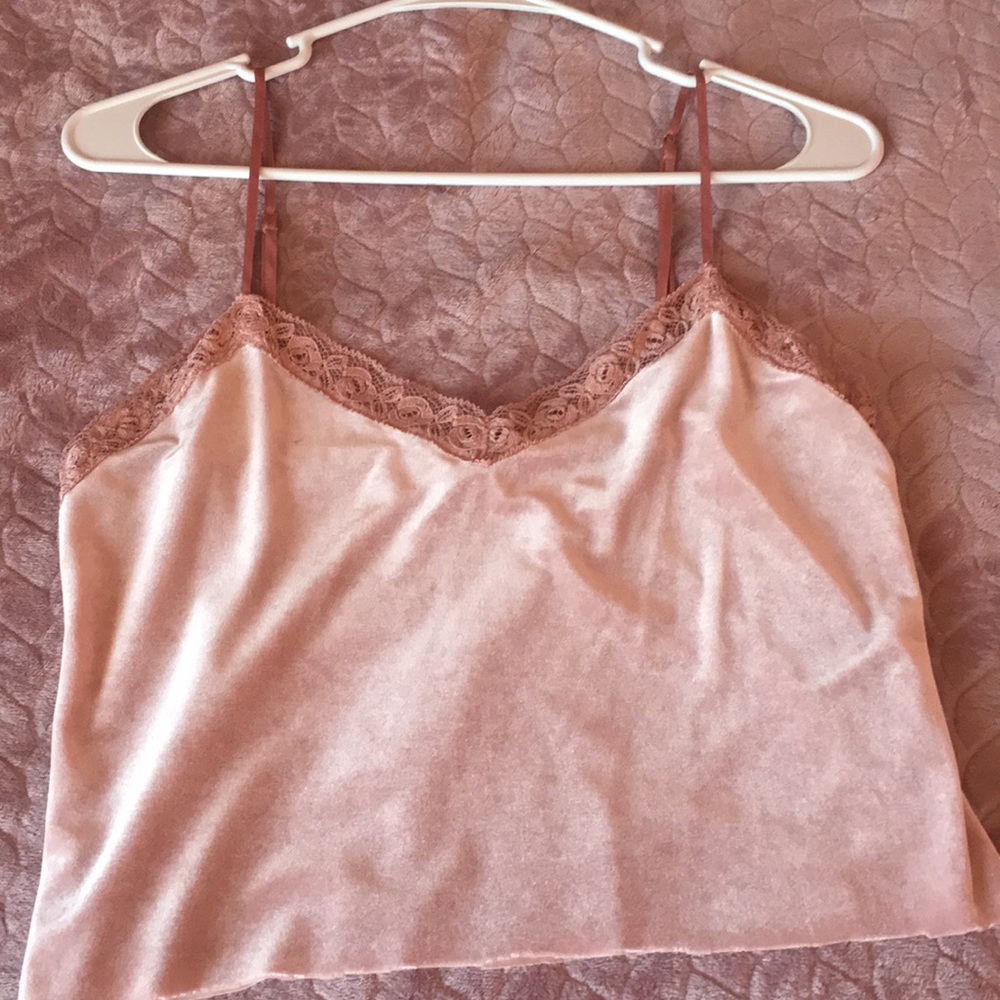 baby pink , lace trimmed,  cropped tank top.